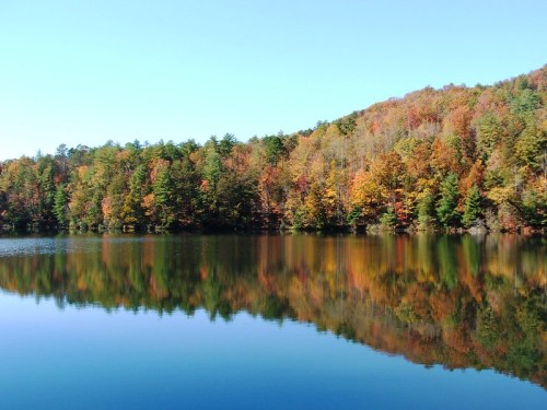 A serene lake reflecting colorful autumn trees under a clear blue sky.