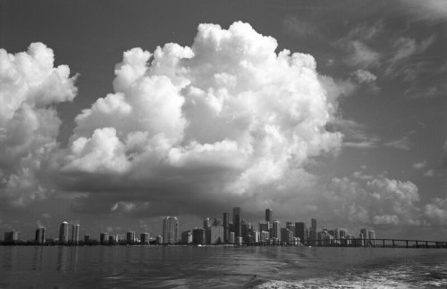 Black and white image of a city skyline under a large cloud, reflecting on calm water.