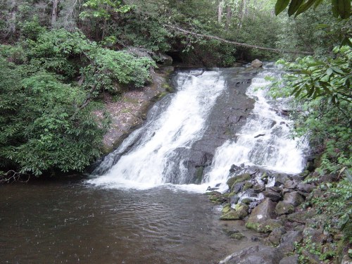 A serene waterfall cascading over rocks into a calm pool, surrounded by lush greenery and trees.