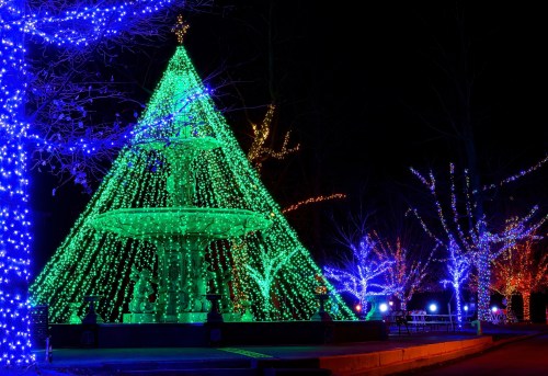 A brightly lit fountain surrounded by colorful Christmas lights, featuring a large green tree shape in the center.