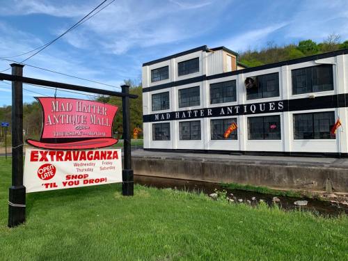Sign for Mad Hatter Antique Mall with a building in the background, featuring a blue sky and green grass.