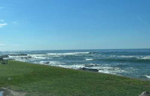 A serene coastal view with waves crashing on rocks, a grassy area, and a clear blue sky.