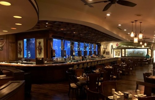 A spacious restaurant interior featuring a bar, wooden furniture, and large windows with a view of an aquarium.