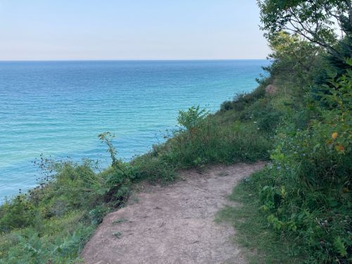 A scenic view of a coastal path with lush greenery overlooking a calm, turquoise sea.