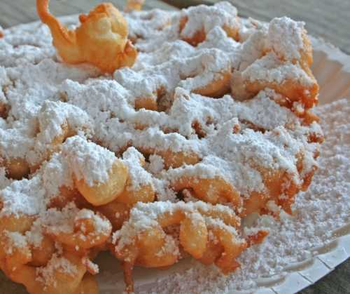 A plate of funnel cake dusted with powdered sugar, featuring a crispy, spiral shape.