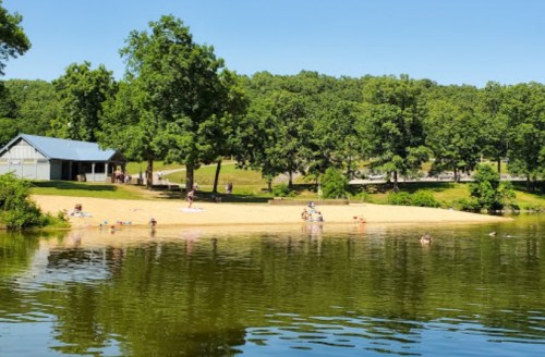 A sandy beach by a calm lake, surrounded by green trees, with people enjoying the sun and water activities.