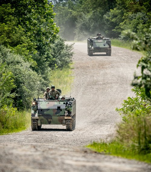 Two military vehicles drive along a gravel road surrounded by greenery on a sunny day. Dust rises behind them.