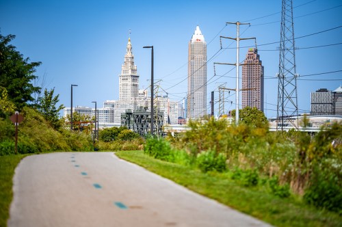 A scenic view of a pathway with greenery, leading to a skyline featuring tall buildings and power lines in the background.