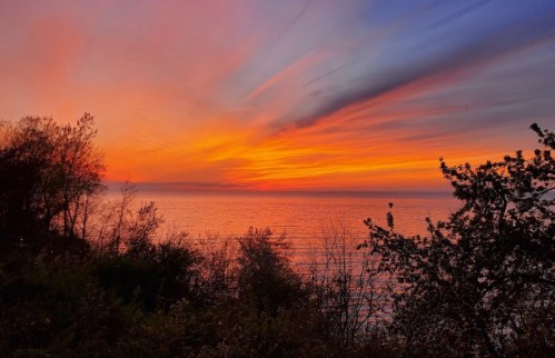 A vibrant sunset over a calm lake, with colorful clouds and silhouettes of trees in the foreground.