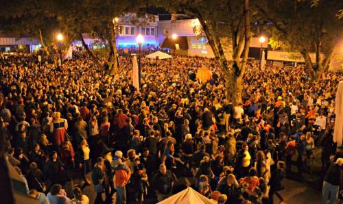 A large crowd gathers at night, illuminated by lights, with trees and tents in the background.