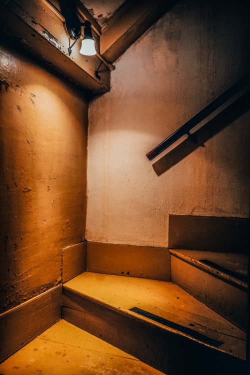 Dimly lit staircase with wooden steps and a single light bulb illuminating the wall.