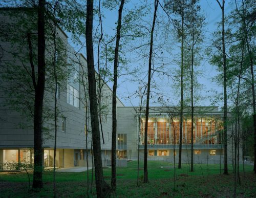 Modern building surrounded by trees, illuminated at dusk, showcasing large windows and a contemporary design.
