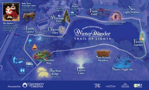 Map of the Winter Wander Trail of Lights at Boar's Head Resort, featuring attractions and pathways for visitors.