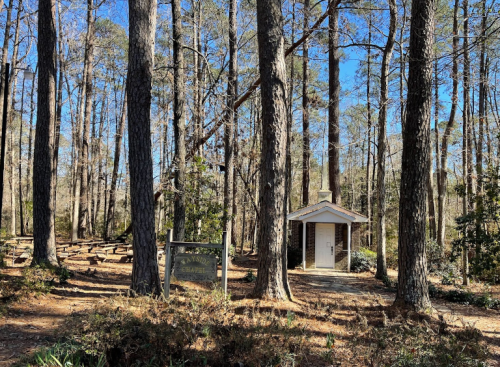 A small white building surrounded by tall trees in a wooded area, with a sign visible in the foreground.