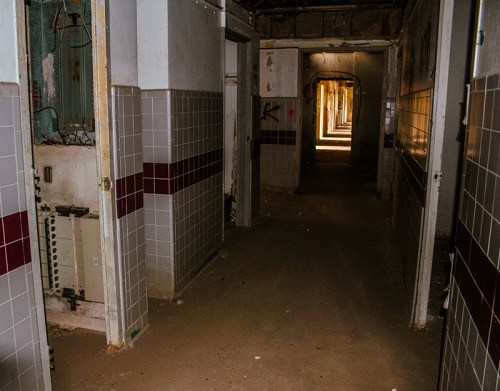 A dimly lit, abandoned hallway with peeling walls and empty doorways, leading to a distant light.