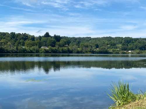 A calm lake reflecting green trees and a blue sky, with grass in the foreground.