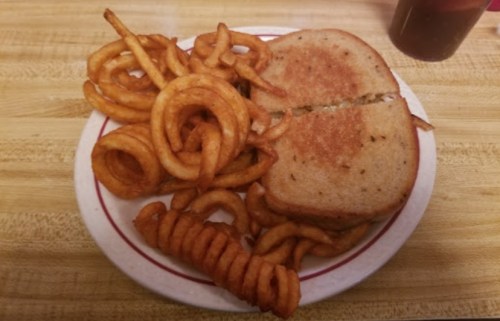 A plate with a toasted sandwich and a variety of curly fries, including a few straight fries on the side.