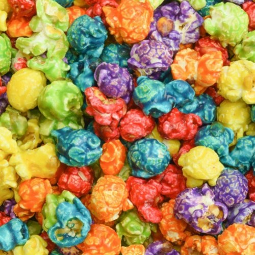 A colorful assortment of popcorn in vibrant shades of red, blue, green, yellow, and purple.