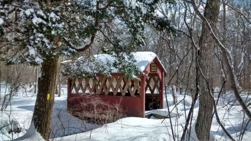 A red covered bridge surrounded by snow-covered trees in a winter landscape.