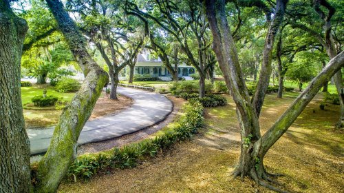 A winding path leads to a white house surrounded by lush trees and greenery in a serene outdoor setting.