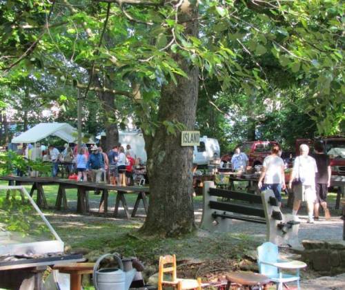A bustling outdoor market scene with people browsing stalls under trees, featuring various items for sale.