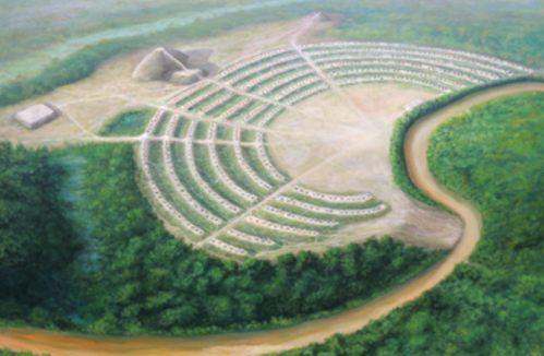 Aerial view of an ancient archaeological site with circular structures and a river winding through lush greenery.