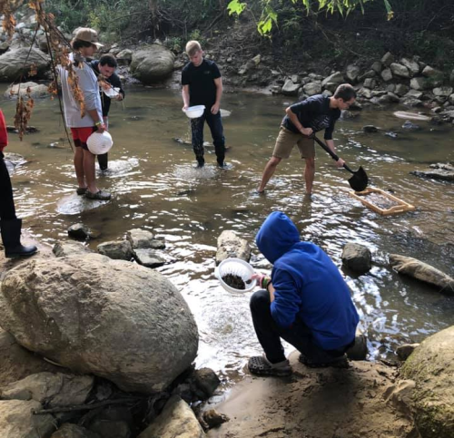 A group of people collecting samples in a shallow stream, surrounded by rocks and greenery.