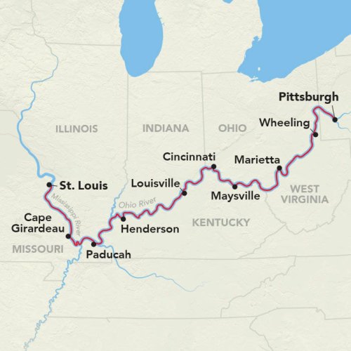 Map showing the Ohio River route from St. Louis to Pittsburgh, highlighting key cities along the way.