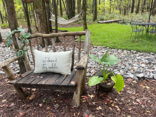 A rustic wooden bench with a decorative pillow in a serene forest setting, surrounded by greenery and a hammock.