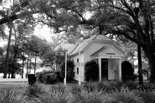 A small, historic library building surrounded by trees and greenery, captured in black and white.