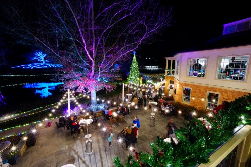 A festive outdoor scene at night with colorful lights, a decorated tree, and people enjoying a gathering on a patio.