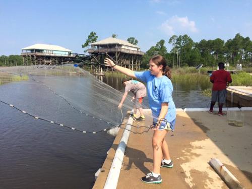 A girl casts a fishing net from a dock while another person assists in the background, surrounded by water and trees.