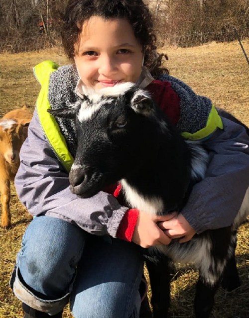 A child smiles while hugging a black and white goat in a sunny outdoor setting.