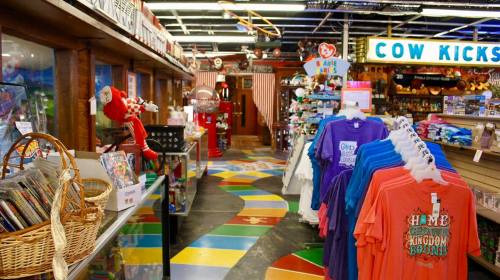 Colorful interior of a gift shop with merchandise displays, a vibrant floor, and various decorations.