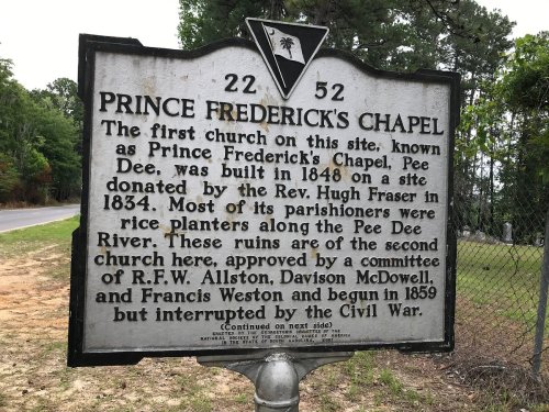 Historical marker for Prince Frederick's Chapel, detailing its founding in 1848 and significance to local history.