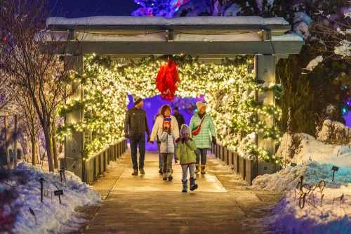 A family walks through a snowy, illuminated pathway adorned with festive lights and decorations.