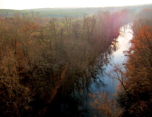 A serene river flows through a wooded landscape, reflecting autumn colors under soft sunlight.