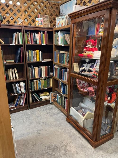 A cozy corner filled with wooden bookshelves and a glass display case, showcasing books and collectibles.