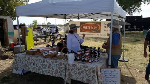 A farmer's market stall with jars of preserves, a tablecloth, and a vendor interacting with a customer under a canopy.