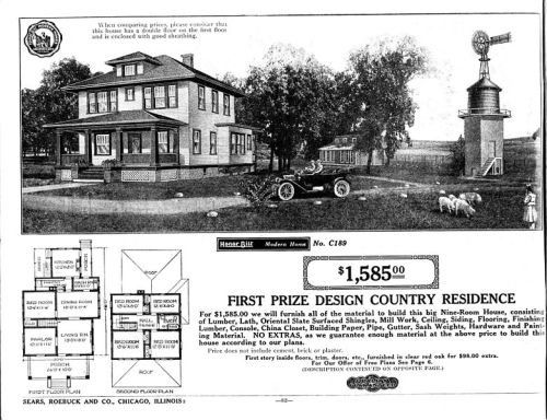 Illustration of a two-story house with a windmill, featuring a floor plan and details for a country residence design.