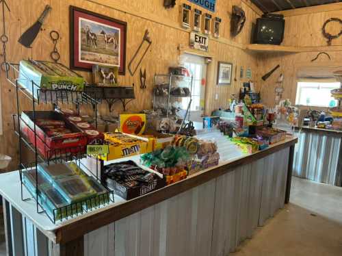 A rustic store counter filled with snacks, candy, and drinks, surrounded by wooden walls and country-themed decor.