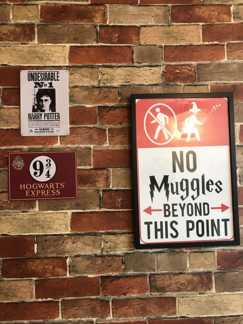 A brick wall featuring a Harry Potter poster, a "No Muggles" sign, and a Hogwarts Express sign.