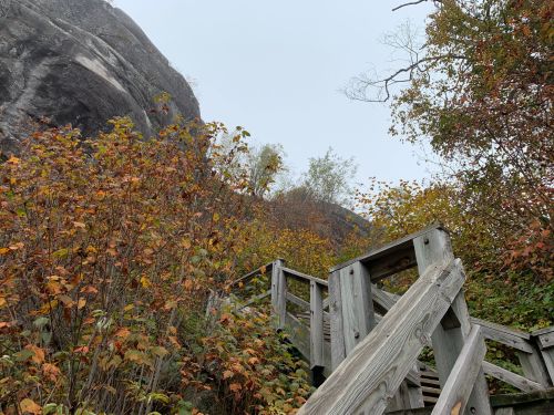Wooden stairs lead through colorful autumn foliage towards a rocky cliff under a cloudy sky.