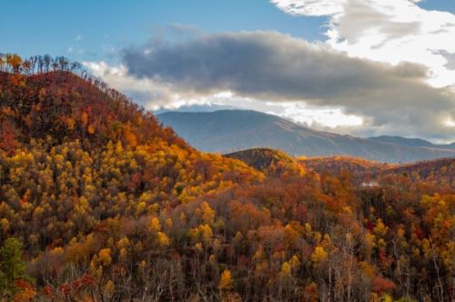 Vibrant autumn foliage covers rolling hills under a partly cloudy sky, with distant mountains in the background.