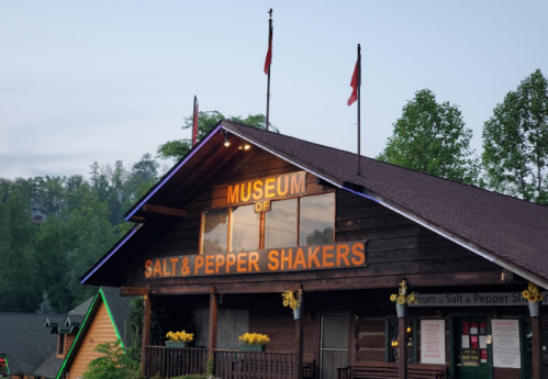 A wooden building with a sign reading "Museum of Salt & Pepper Shakers," surrounded by trees and flags.