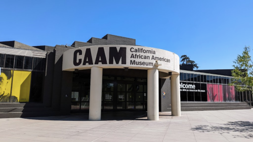 Exterior of the California African American Museum (CAAM) with a clear blue sky and welcoming entrance.