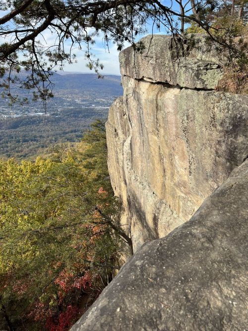 A rocky cliff edge overlooking a valley with trees and distant mountains under a clear blue sky.