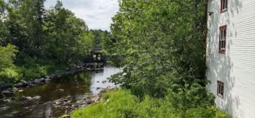 A serene river scene with lush greenery and a building partially visible on the right, under a clear sky.
