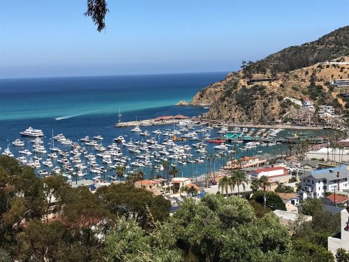 A scenic view of a marina filled with boats, surrounded by hills and clear blue water under a bright sky.