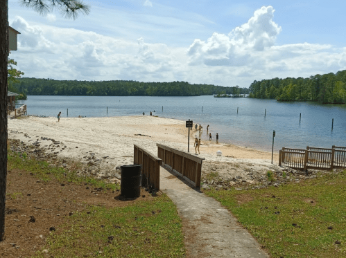 A sandy beach by a lake with people enjoying the water, surrounded by trees and a clear blue sky.